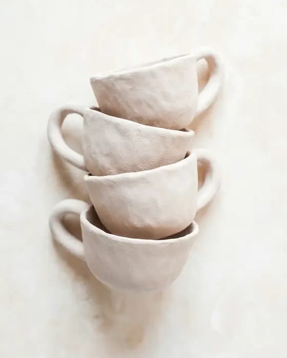 Four handmade stoneware cups stacked on a pale surface