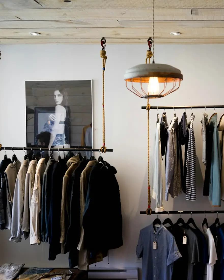 Inside the shop: two rails, a hanging lamp and a framed print