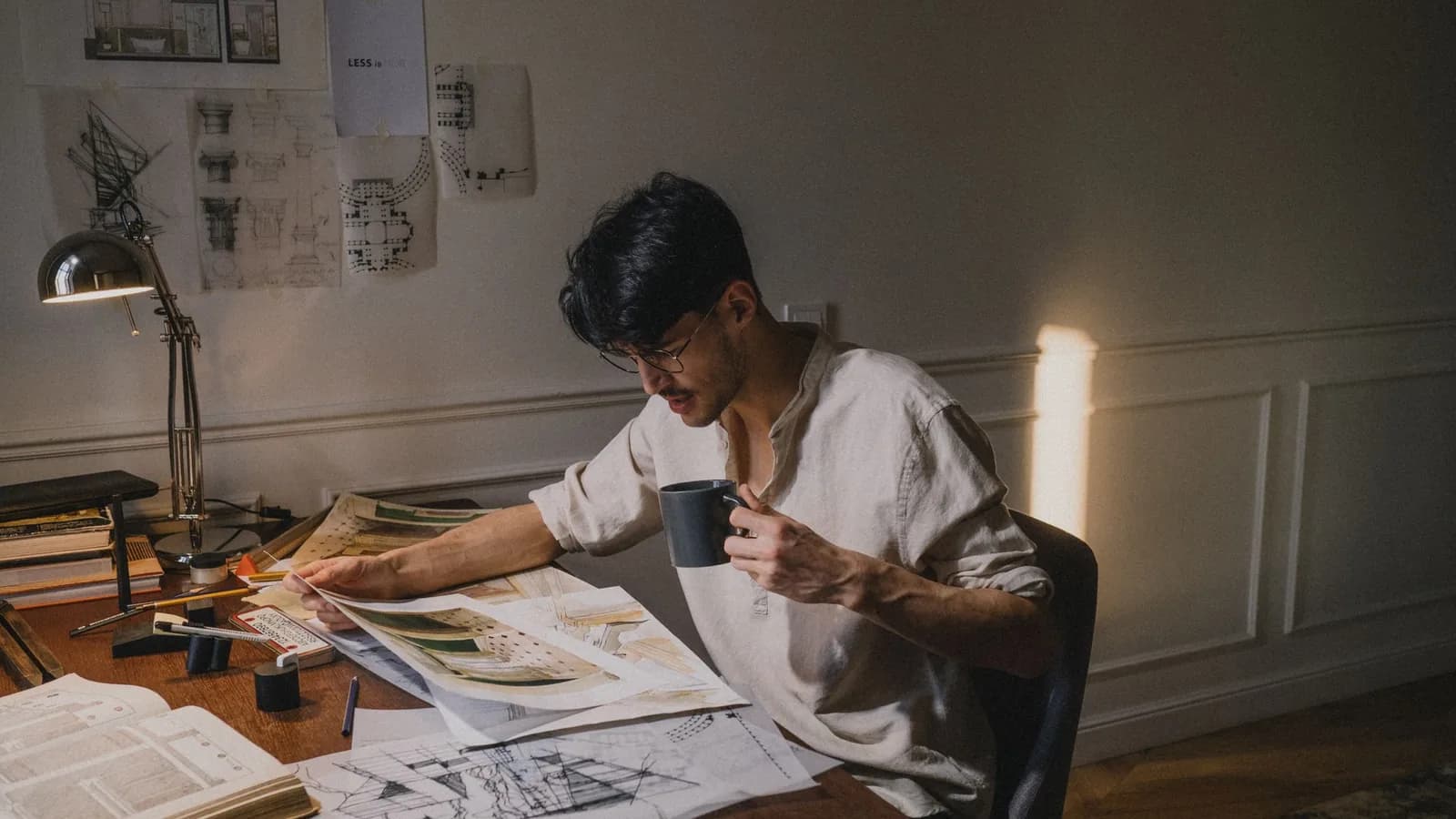 An architect drawing at a long work table, plans pinned to the wall behind
